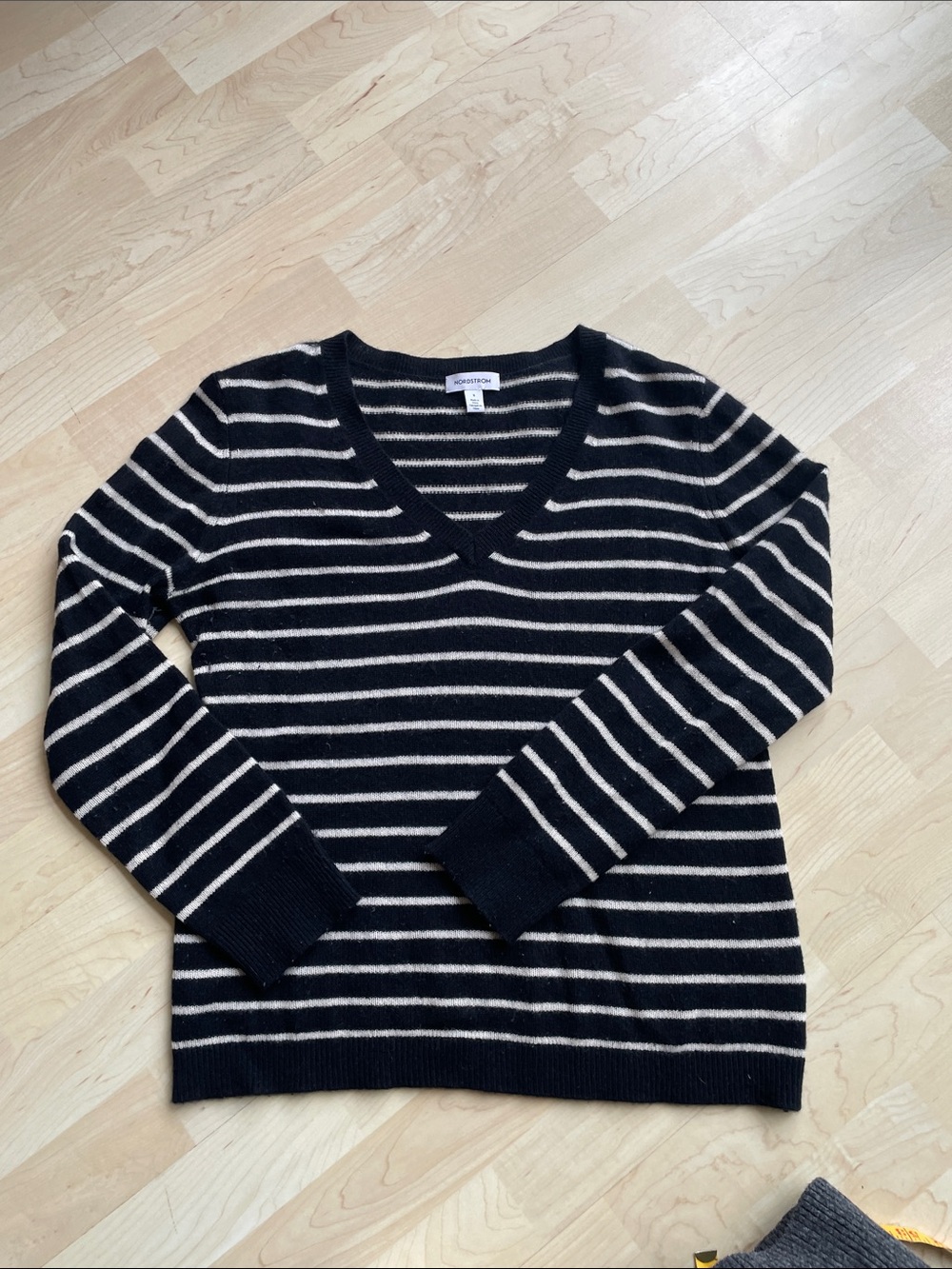 Nordstrom Black and White Striped V-Neck Cashmere Sweater